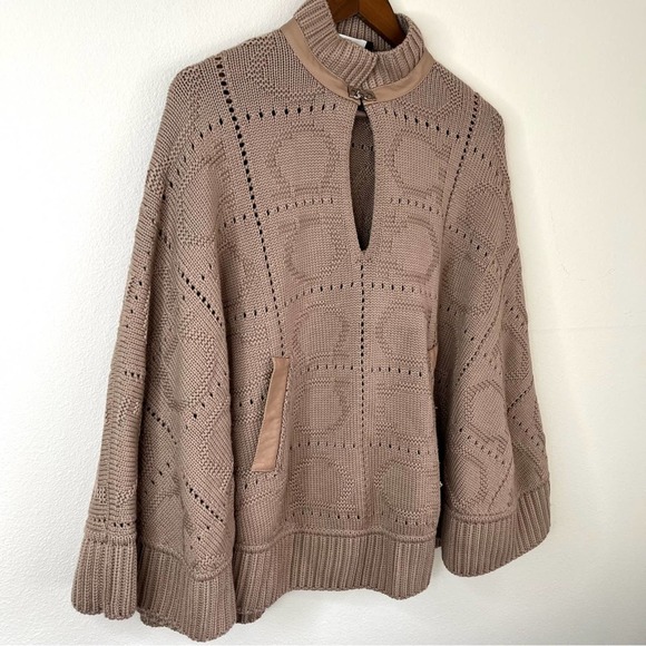 SALVATORE FERRAGAMO Tan Wool Gancini Poncho Sweater with Leather Trim M - Picture 3 of 8